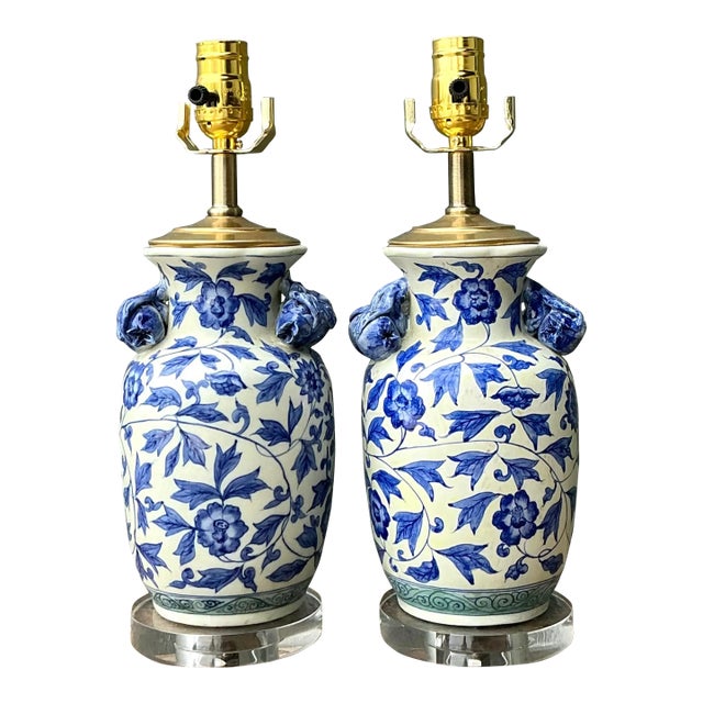 Vintage Asian Blue and White Floral Ceramic Lamps - A Pair For Sale