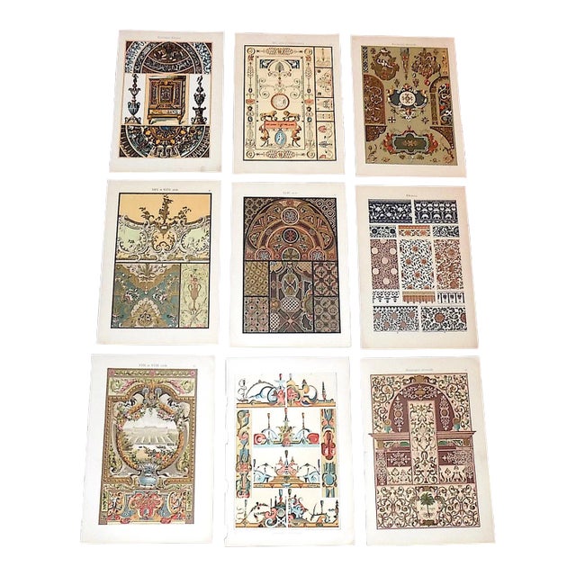 Antique 19th Century Folio Size Ornamental Design Lithographs - Metallic Inks - Set of 9 For Sale