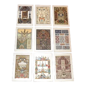 Antique 19th Century Folio Size Ornamental Design Lithographs - Metallic Inks - Set of 9