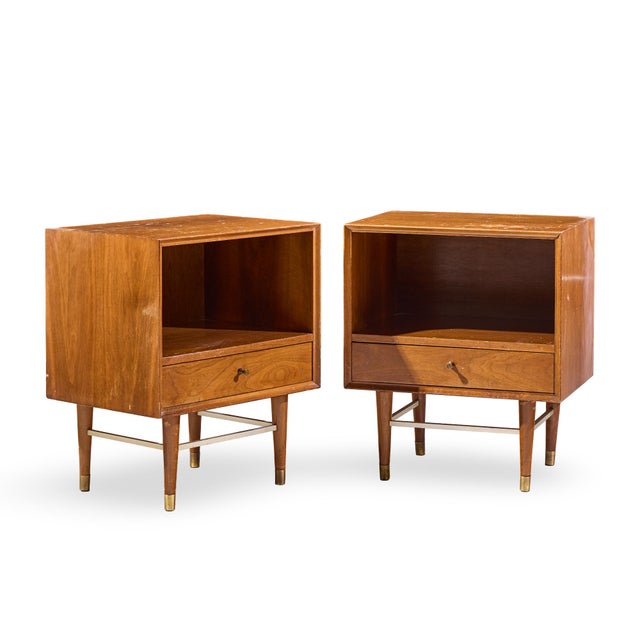Paul McCobb Style Furnette Mid Century Walnut and Brass Nightstands - Pair Each nightstand measures: 22 wide x 16 deep x...