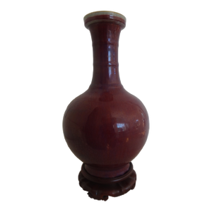 Antique Chinese Sang De Doeuf Bottle Vase With Vintage Carved Stand