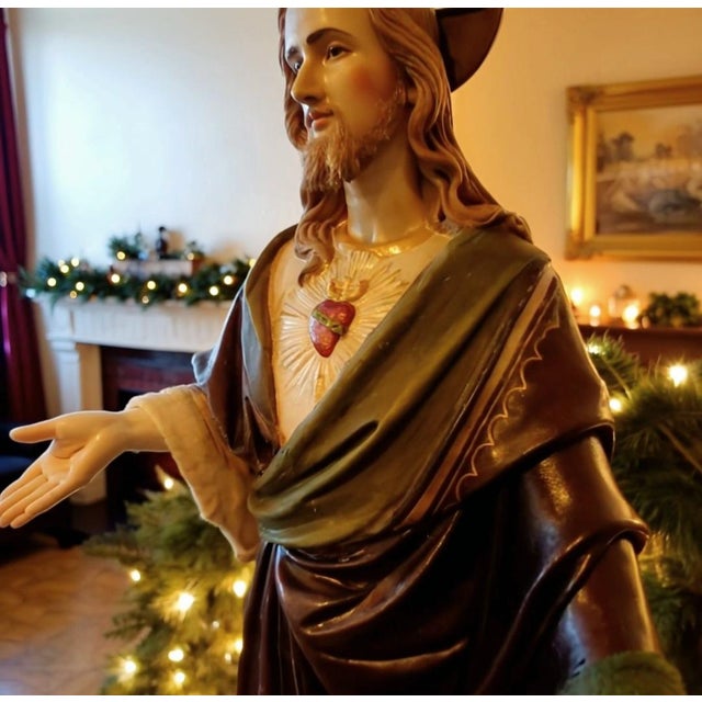 Belgian Polychrome Plaster Sacred Heart of Jesus Statue from O.L.V. / Eigendom, Early 20th Century For Sale - Image 3 of 10