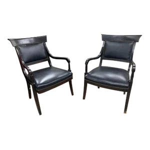 Antique Fauteuils Black Leather Dark Wood Chairs- Set of 2
