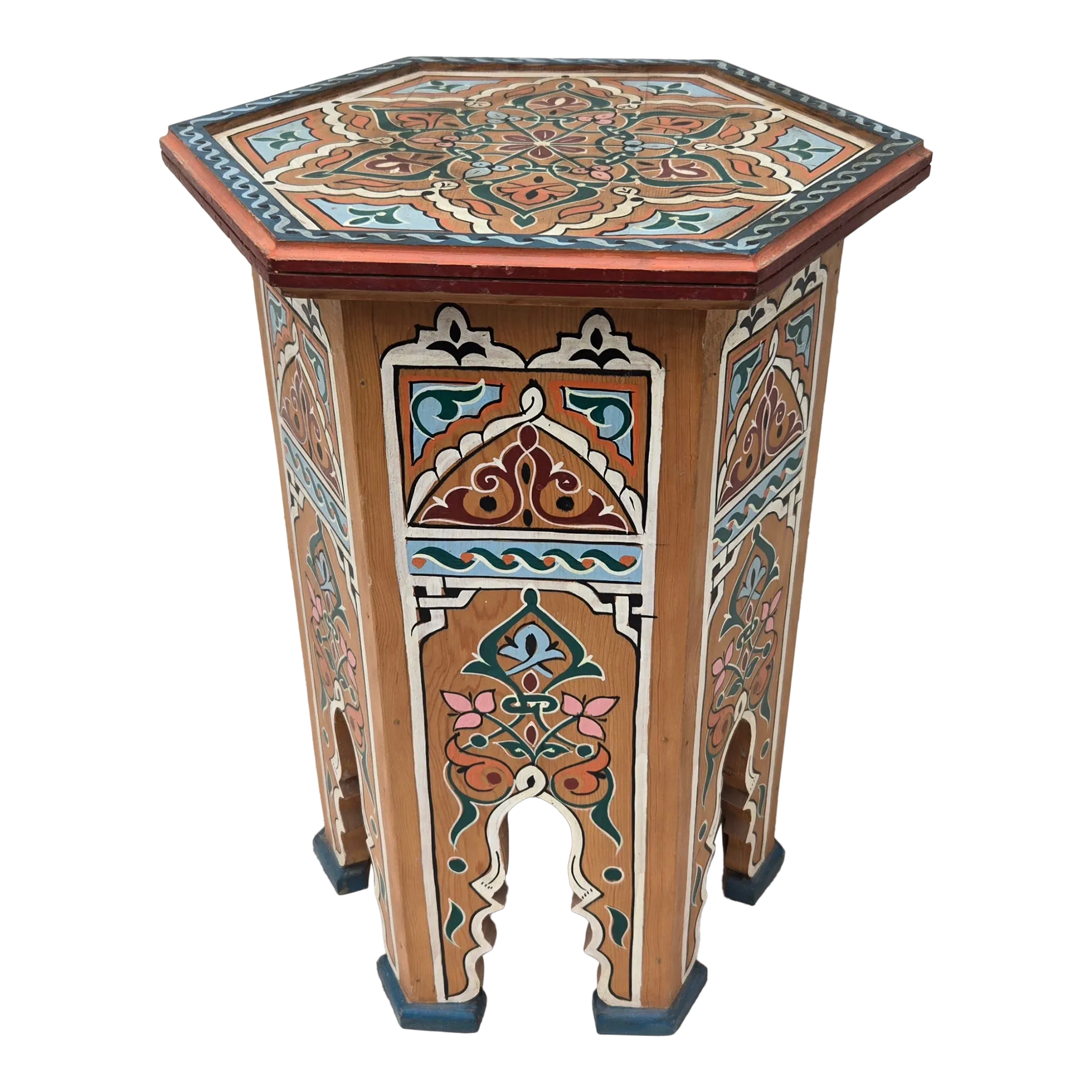 Moroccan Hexagonal Hand Painted Wooden Side / Orange Zouak | Chairish