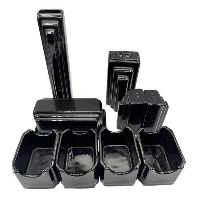 1981 Neo Art Deco Black Bowl, Vase, Shaker, Butter Dish, Kitchen Table Set of 9 For Sale