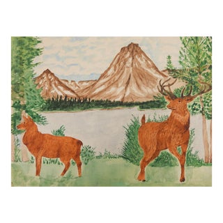 1940s Outsider Folk Art Mountain Landscape With Elk Painting For Sale