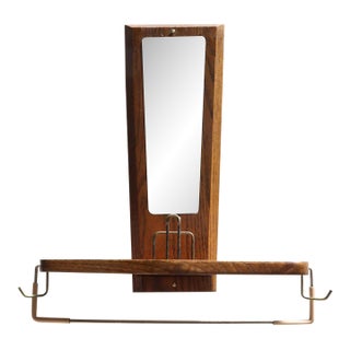 Mid-Century American Modern Chestnut Wall Mounted Valet With Mirror and Shelf For Sale