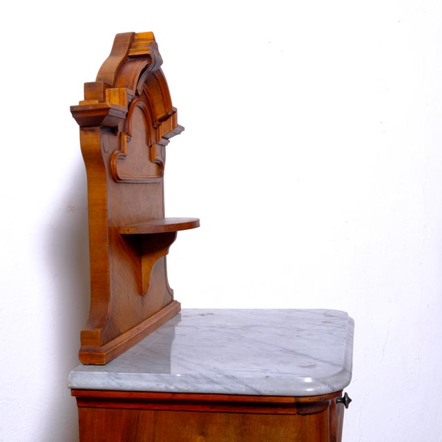 Wood Antique Bedside Tables with Marble Backsplashes and Bases, Late 19th Century, Set of 2 For Sale - Image 7 of 18