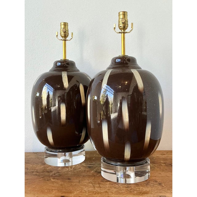 Metal Vintage Painted Glass Lamps - A Pair For Sale - Image 7 of 12