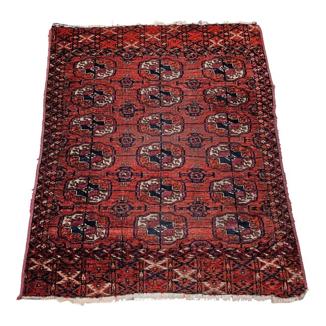 19th Century Vintage Turkmen Tekke Rug With Geometric Medallions For Sale