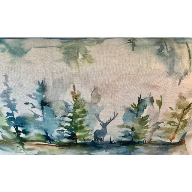 Large Bolster Pillow Decorated With a Serene Water Color Look Forest, Deer And Reflective Lake Scene With regal velour...