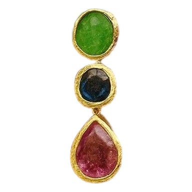 Bochic "Capri" Vintage Emerald, Ruby & Sapphire Earrings Set 18K Gold & Silver For Sale