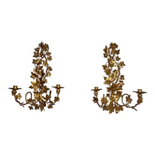 1950s Italian Two-Arm Candle Sconces of Leaves - A Pair For Sale