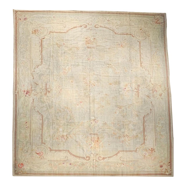 19th Century French Aubusson Rug, Handwoven Wool, Floral Design, 12x14 For Sale