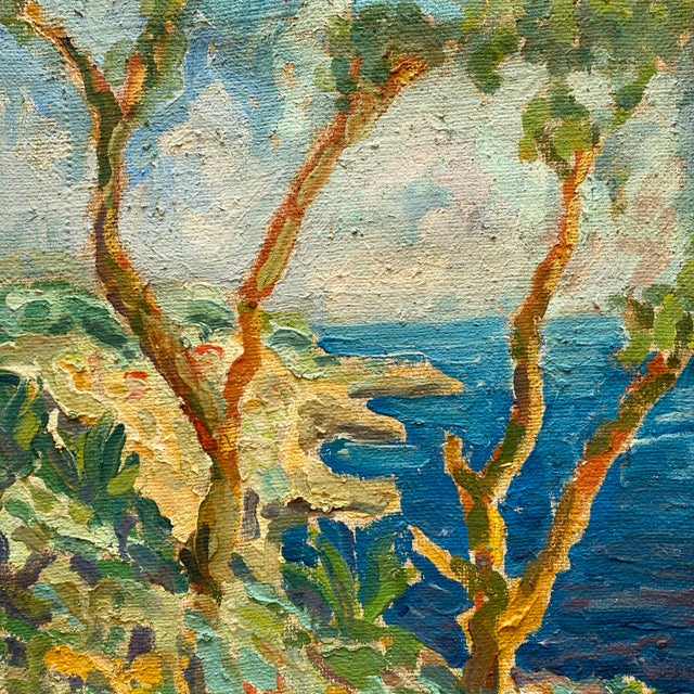 Vintage Mid Twentieth Century Postimpressionist " Stupiste, Komiza " Framed Original Adriatic Seascape Impasto Oil Painting For Sale In Kansas City - Image 6 of 18