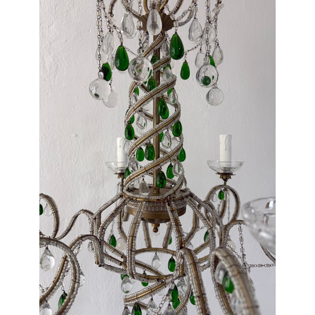 French Maison Baguès Murano Green Drops Beaded Scrolls Chandelier Rare C 1940 For Sale - Image 12 of 18