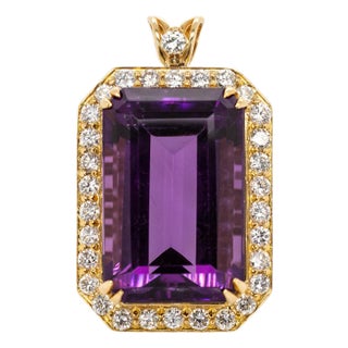27.5x18.5mm, 22cts Amethyst Pendant W Earth Mined Diamond Halo in Solid 14k Gold For Sale