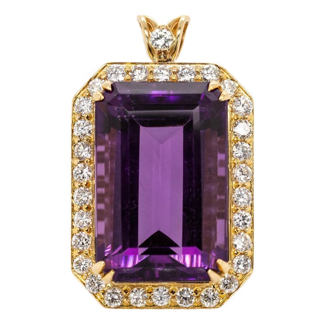 27.5x18.5mm, 22cts Amethyst Pendant W Earth Mined Diamond Halo in Solid 14k Gold For Sale