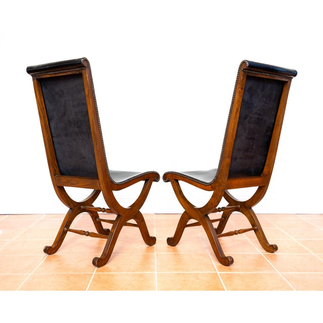 Mid-Century Neo-Classical Spanish Black Leather and Oak Dining Chairs by Pierre Lottier for Valmazan, 1960s, Set of 4 For Sale - Image 10 of 18