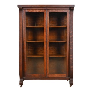 Antique American Empire Oak Glass Front Bookcase Cabinet, Circa 1900 For Sale