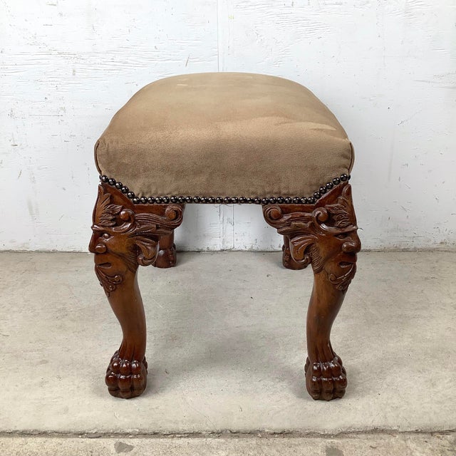 Traditional Carved Grotesque Mask Footstool in Gothic Revival Style, 20th Century For Sale - Image 3 of 12