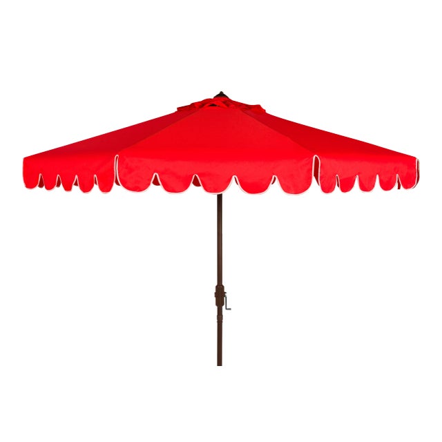 Single Scallop 9 Ft Crank Outdoor Push Button Tilt Umbrella in Red & White For Sale