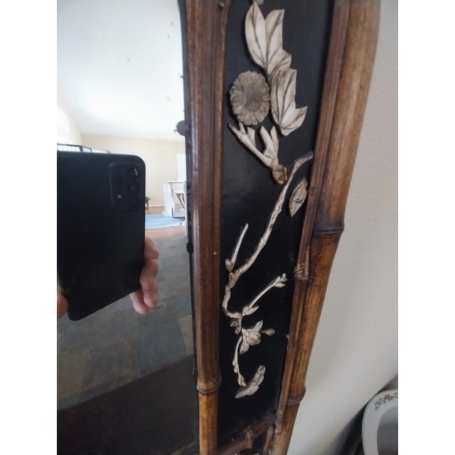 Late 19th Century Large Japanese Shibayama-Style Black Lacquer Mirror With Faux-Bamboo Frame For Sale In Los Angeles - Image 6 of 13