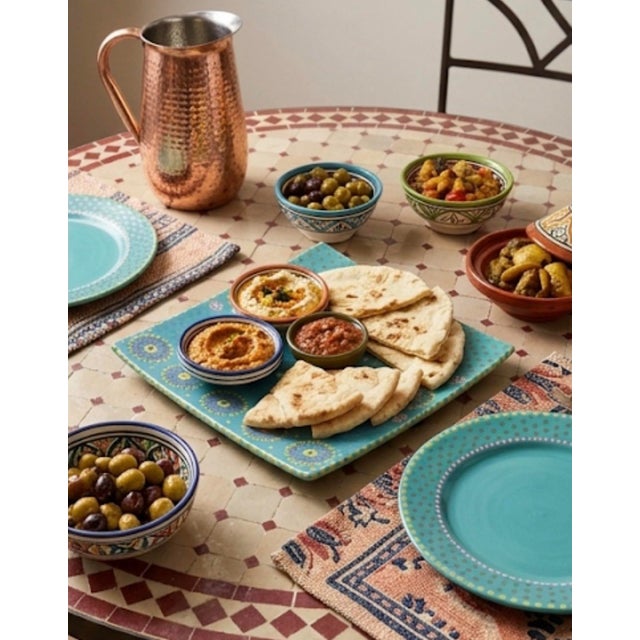 Teal Large Handmade South African Ceramic Platter – Teal and Ochre Slip-Dot Floral Square Plate For Sale - Image 8 of 11