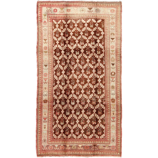 Vintage Turkish Oushak Rug in Brown, Taupe, Pale Green, and Coral For Sale