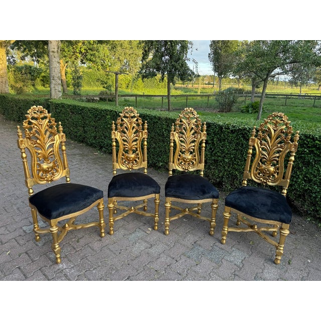 Black 1900 Italian Rococo Gold Beech Black Velvet Dining Chairs - Set of 6 Pc For Sale - Image 8 of 18