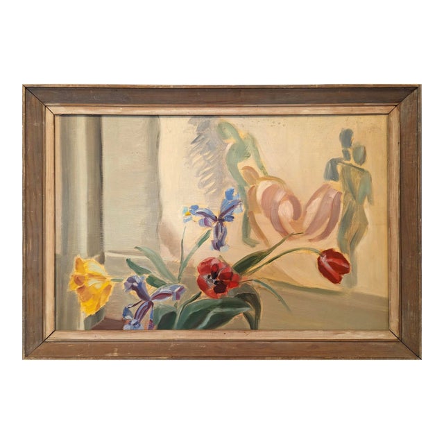 Mid-Century Modern "Floral & Figurine" Swedish Vintage Still Life Oil Painting, Framed For Sale
