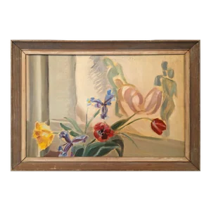 Mid-Century Modern "Floral & Figurine" Swedish Vintage Still Life Oil Painting, Framed