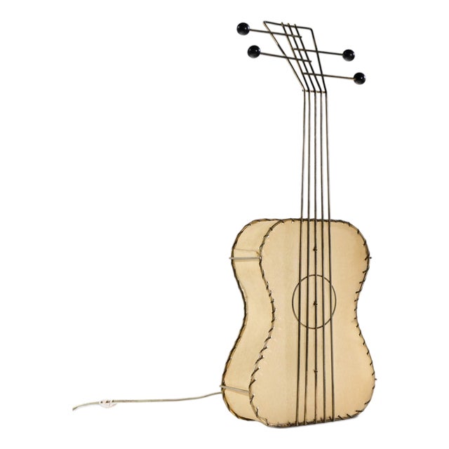 Frederick Weinberg Mid Century Black Wire and Parchment Guitar Lamp For Sale
