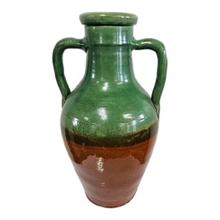 Early 20th Century French Glazed Ceramic Amphora Vase – Vibrant Green & Rich Terracotta For Sale