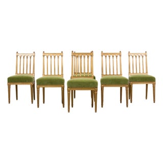 Antique French Louis XVI Style Giltwood Dining Chairs in Green Mohair, Set of 6 For Sale
