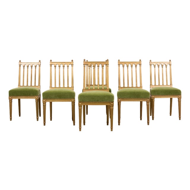 Antique French Louis XVI Style Giltwood Dining Chairs in Green Mohair, Set of 6 For Sale