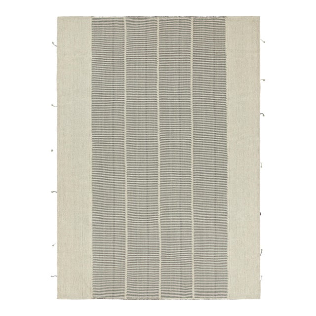 Rug & Kilim’s Contemporary Kilim With Textural Gray and Cream Stripes For Sale