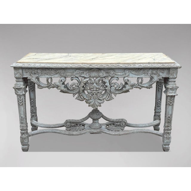 Louis XIV Style Painted Carved Faux Marble Top Console Table, 1920 For Sale - Image 13 of 13