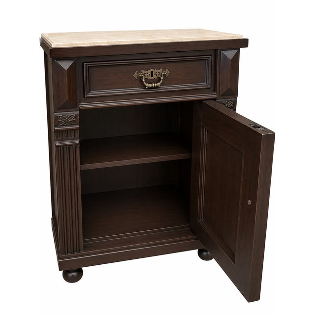Based on the design details, this appears to be an Eastlake Victorian marble-top nightstand (or bedside cabinet) dating...