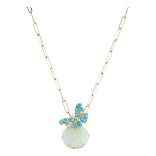 Nina Zhou One-of-a-Kind Turquoise Diamond Butterfly on Opal Convertible Brooch-Pendant in 14k Yellow Gold For Sale