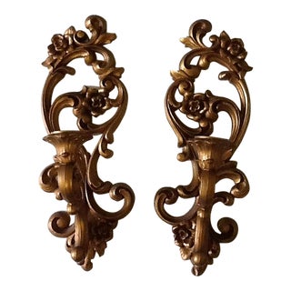 Mid Century Gold Syroco Candle Sconces - a Pair For Sale