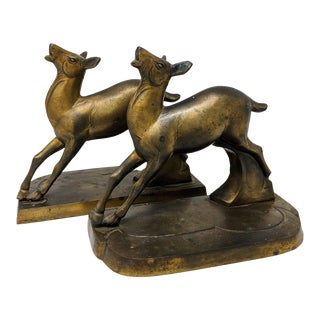 Vintage 1930s Art Deco Patinated Brass Deer Bookends - Set of Two (2) - Pair For Sale