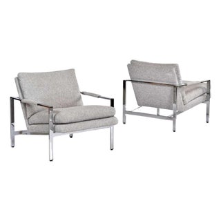 Pair of Milo Baughman for Thayer Coggin Gray 951 Flat Bar Chrome Lounge Chairs For Sale