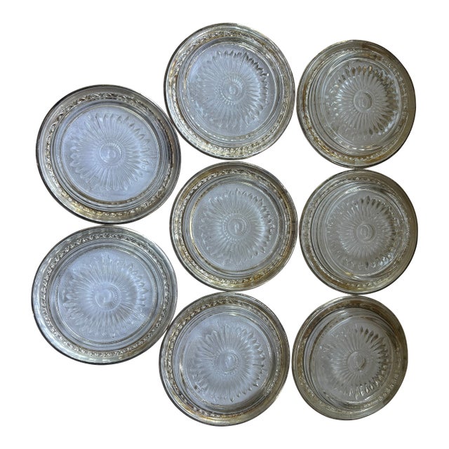 Set of 8 Sterling Silver Rimmed Glass Coasters For Sale