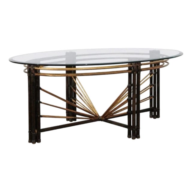 1970 Steel Faux Bamboo and Glass Gilt Coffee Table For Sale