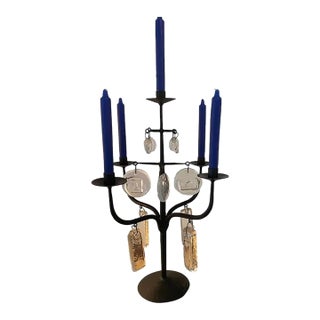 Mid 20th Century Erik Hoglund Iron Candlabra, Hand Forged With Boda Art Glass Pendants For Sale