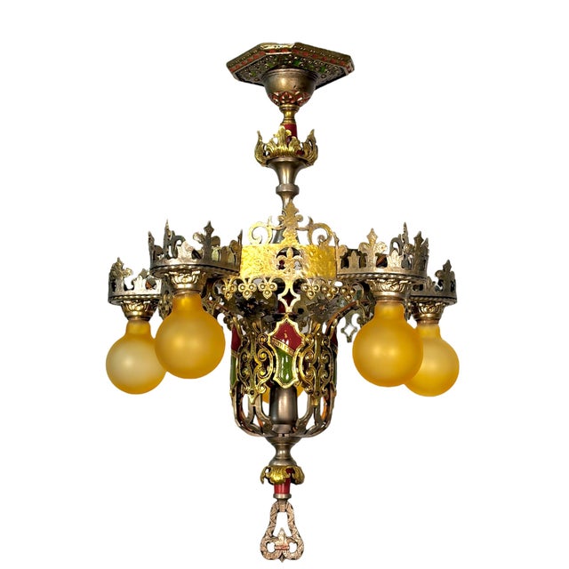 1927 Spanish Revival Semi Flush Chandelier With Original Polychrome Finish For Sale - Image 14 of 14