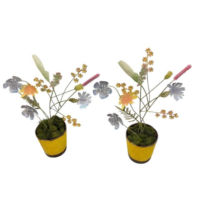 Pair of Vintage Italian Hand-Painted Metal Wildflower Arrangements in Textured Yellow Ceramic Pots For Sale - Image 4 of 12