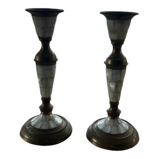 1970s Brass and Mother of Pearl Candle Sticks For Sale