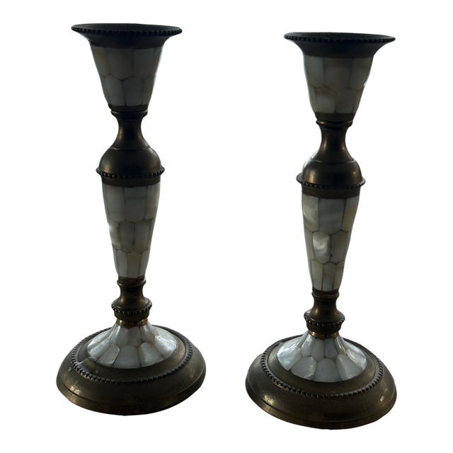 1970s Brass and Mother of Pearl Candle Sticks For Sale